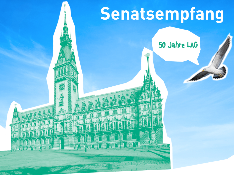 Titelbild zeigt Hamburger Rathaus mit Überschrift Senatsempfang 50 Jahre LAG