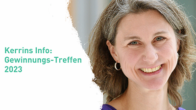 Porträt von Kerrin Stumpf, daneben der Text "Kerrins Info: Gewinnungs-Treffen 2023"
