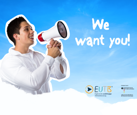 Mann mit Megafon, Text " We want you!"