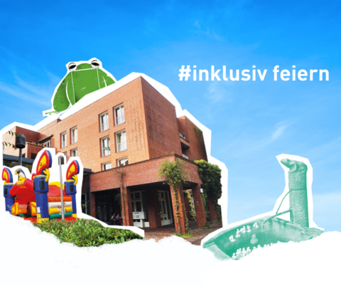 Gebäude und Hüpfburg, Text "#inklusiv feiern"