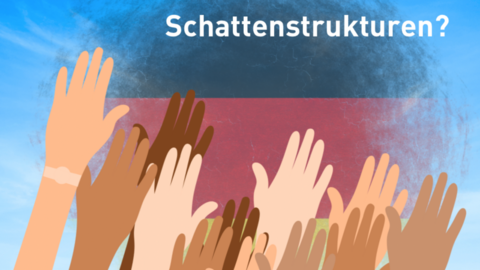 Mehrere Hände unterschiedlicher Hautfarben heben sich vor einem Himmel mit Wolken, darüber der Text "Schattenstrukturen?"