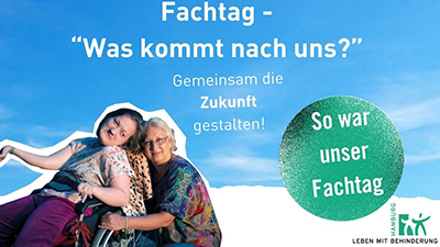 Zwei Personen umarmen sich vor blauem Himmel. Text "Fachtag - 'Was kommt nach uns?' Gemeinsam die Zukunft gestalten!"