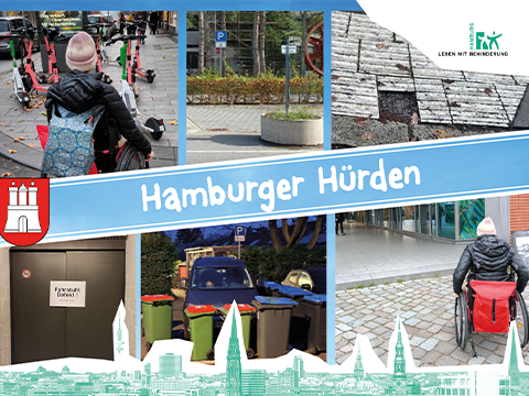 Postkartenmotiv vom Aktionstag 3. Dezember: Die Postkarte zeigt verschiedene Barrieren für Rollstuhlfahrer*innen