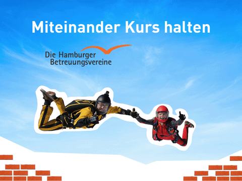 Titelbild Kampagne "Miteinander Kurs halten": zwei Falschirmspringer im Tandem, darüber das Logo der Hamburger Betreuungsvereine