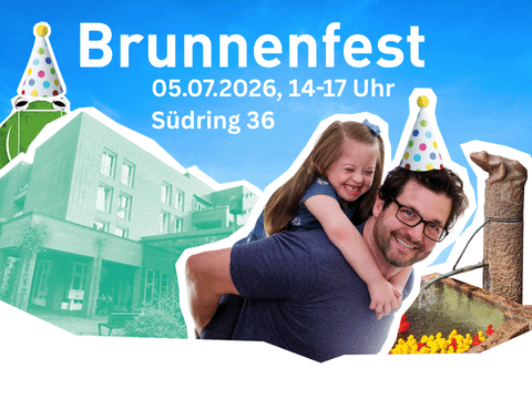 Titelbild Ankündigung Brunnenfest 2026: Mitte: Vater mit Tochter im Huckepack, links: Gebäude, rechts: Brunnen mit Plastikenten